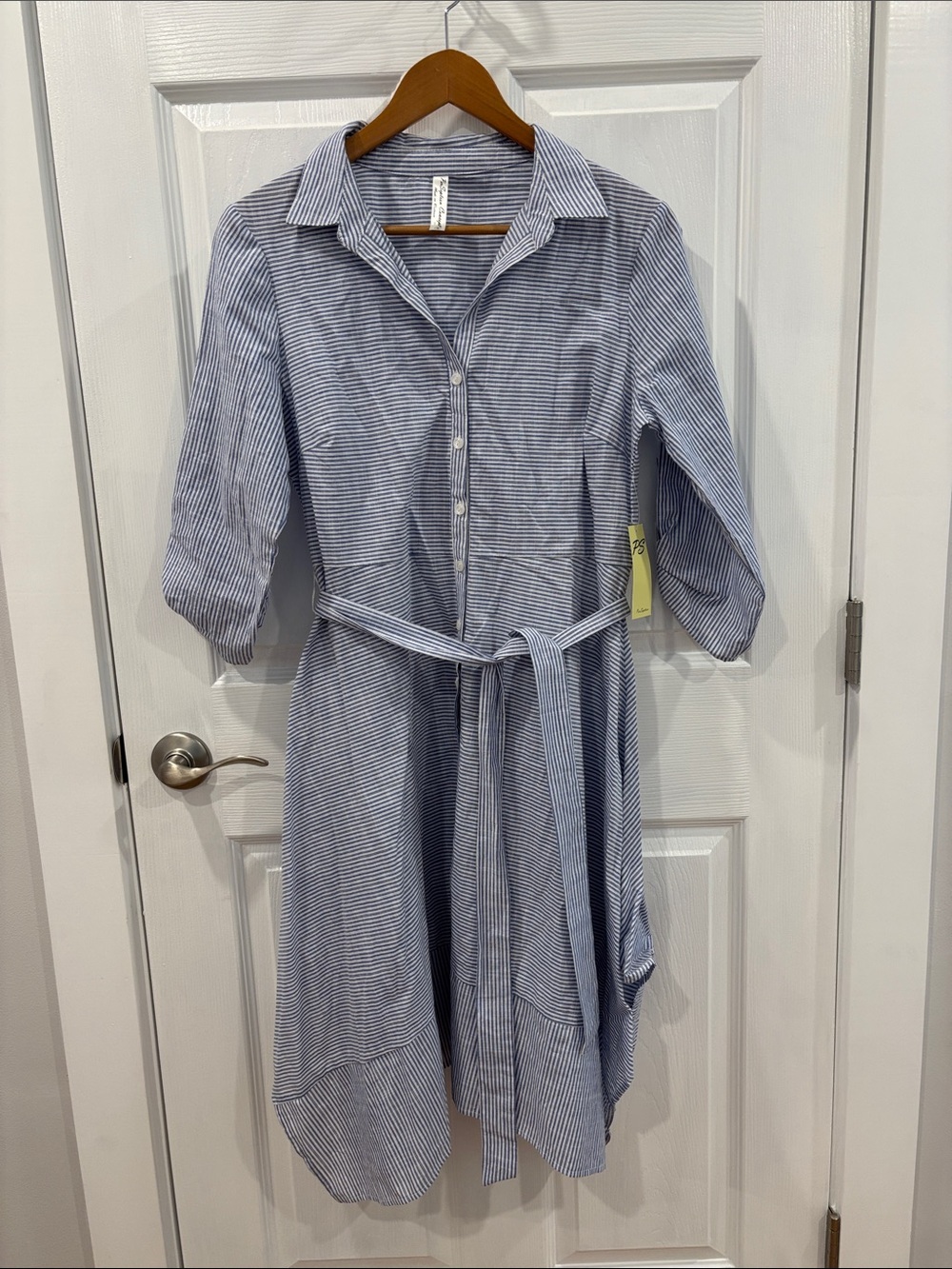 Perseption Blue and White Striped Midi Shirt Dress with Tie NWT
